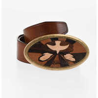 Curele Leather Belt With Maxi Oval Metal Buckle And Wooden Detail 4 Barbati