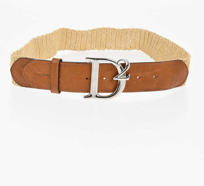 Curele DSQUARED2 Two-Tone Leather And Raffia Belt With Logoed Buckle 40Mm Beige Femei (BM 18480700) 2