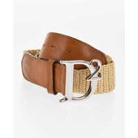 Curele Two-Tone Leather And Raffia Belt With Logoed Buckle 40Mm Femei