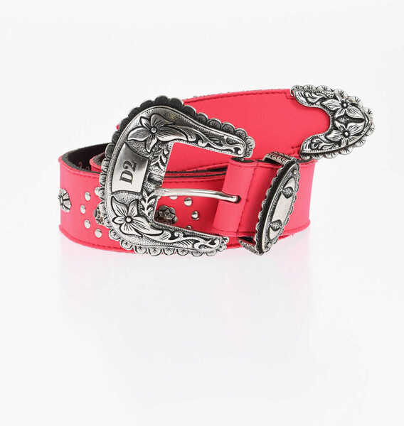 Curele DSQUARED2 Leather And Fabric Western Belt With Studs 40Mm Pink Barbati (BM 18480868) 1