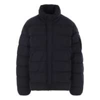 Geci de iarna Blue Down Jacket With Fixed Hood And Logo Plaque On The Sleeve In Tech Fabric Man Barbati