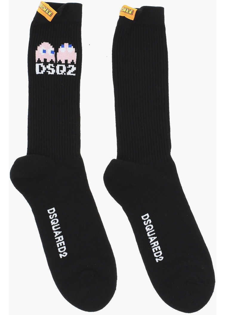 Sosete DSQUARED2 Cotton And Nylon Pac-Man Long Socks With Ribbed Detail Black Barbati (BM 18497413) 2