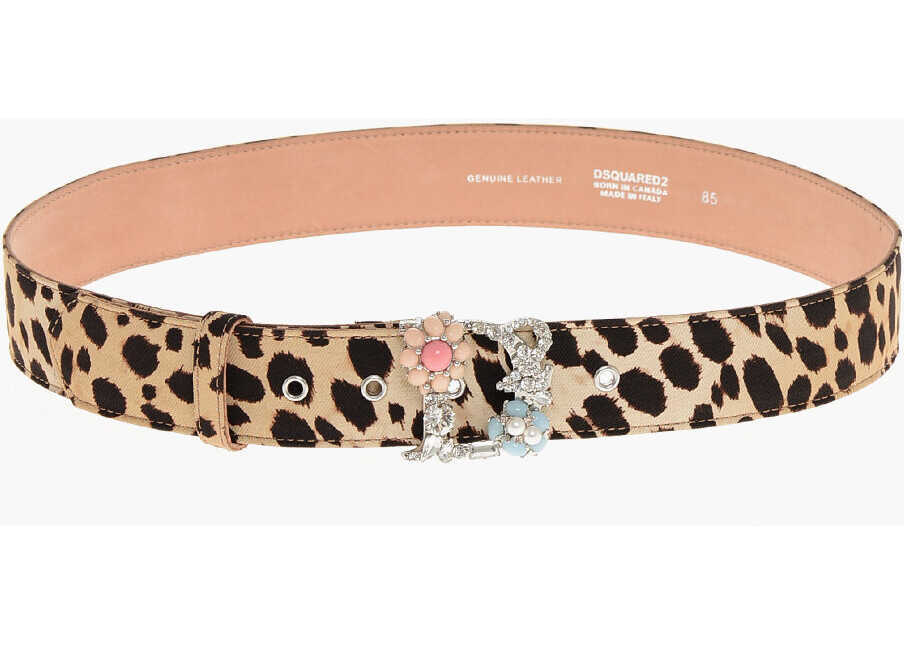 Curele DSQUARED2 Animal Patterned Fabric Belt With Jeweled Buckle 40Mm Brown Femei (BM 18497701) 3