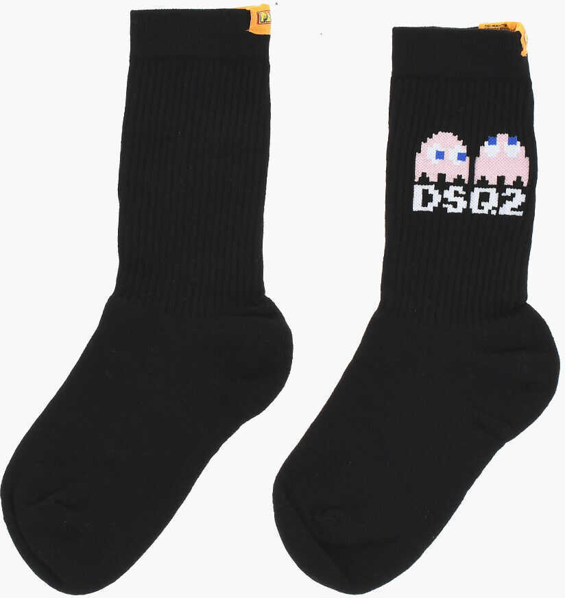 Sosete DSQUARED2 Cotton And Nylon Pac-Man Long Socks With Ribbed Detail Black Barbati (BM 18497890) 3