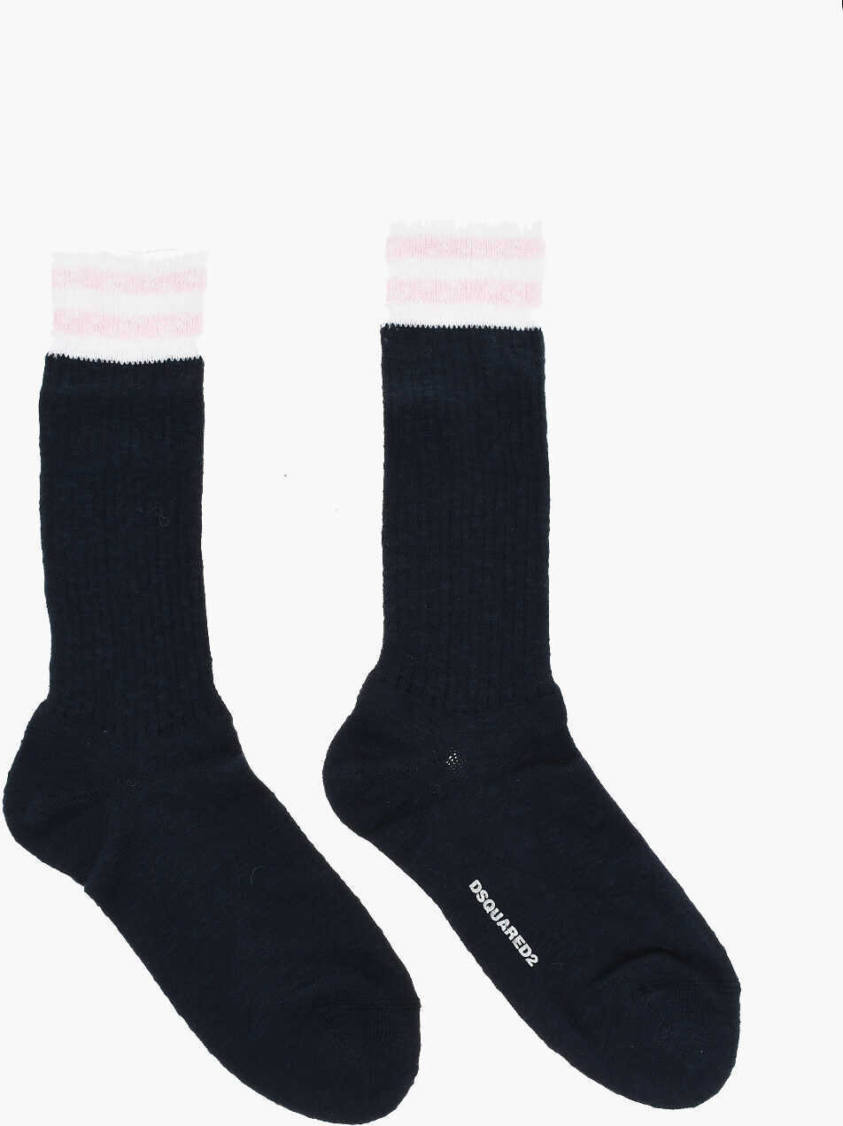 Sosete DSQUARED2 Solid Color Long Socks With Contrasting Embroidery Blue Barbati (BM 18498076) 1