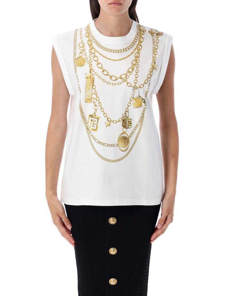 Topuri Balmain Balmain Trompe-Lil Collier Print Vest Top Gold Femei (BM 18506862) 1