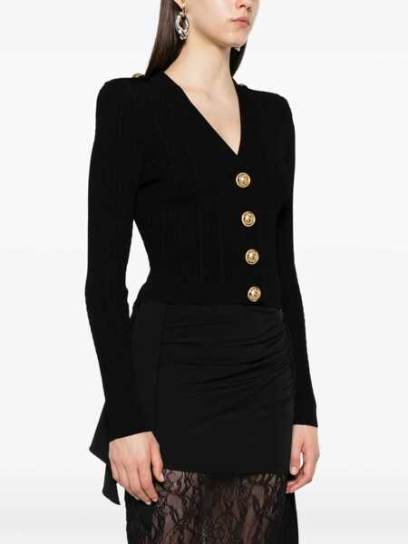 Cardigane Balmain Balmain Long Sleeves Ribbed And Cable-Knit Cardigan Black Femei (BM 18506883) 3