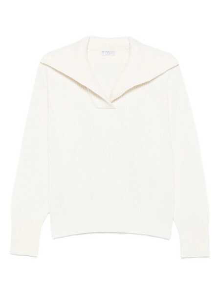 Pulovere Brunello Cucinelli White Ribbed Knit Sweater With V Neck In Wool And Cashmere Blend Woman WHITE Femei (BM 18510810) 1