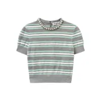 Topuri Grey Cropped Top Wih Crewneck With Crystal Embellishments And All-Over Striped Motif In Wool Blend Woman Femei