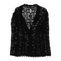 Geci Black Single-Breasted Jacket With Floral Lace Embroidery And V Neck In Cotton Blend Woman Femei