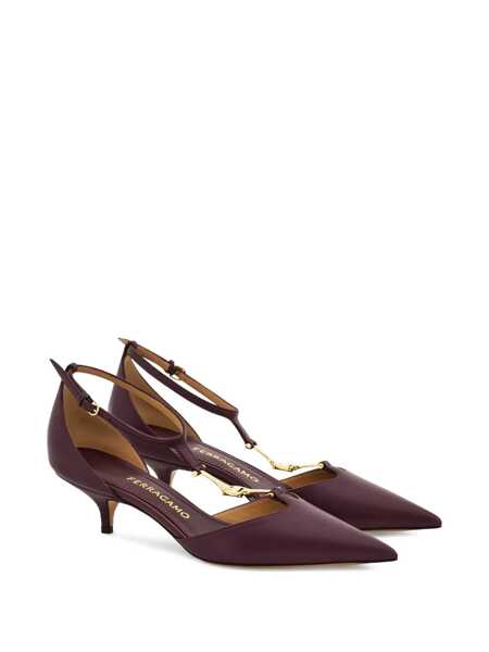 Pantofi cu toc Salvatore Ferragamo Bordeaux Pumps With T Strap And Low Heel In Leather Woman Red Femei (BM 18534477) 2
