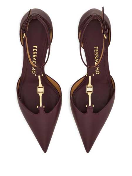 Pantofi cu toc Salvatore Ferragamo Bordeaux Pumps With T Strap And Low Heel In Leather Woman Red Femei (BM 18534477) 4