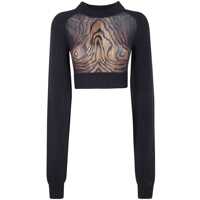 Pulovere Jean Paul Gaultier Lambswool Ribbed Long Sleeves Cropped Sweater With Printed Mesh Cut Out Details Clothing Femei