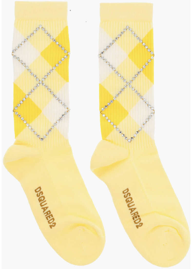 Sosete DSQUARED2 Argyle Motif Ribbed Socks Embellished With Rhinestones Yellow Barbati (BM 18567952) 1