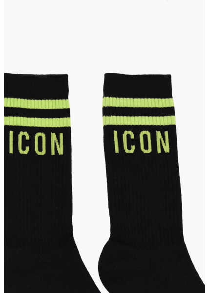 Sosete DSQUARED2 Icon Ribbed Mid-Crew Socks With Contrasting Details Black Barbati (BM 18568231) 2