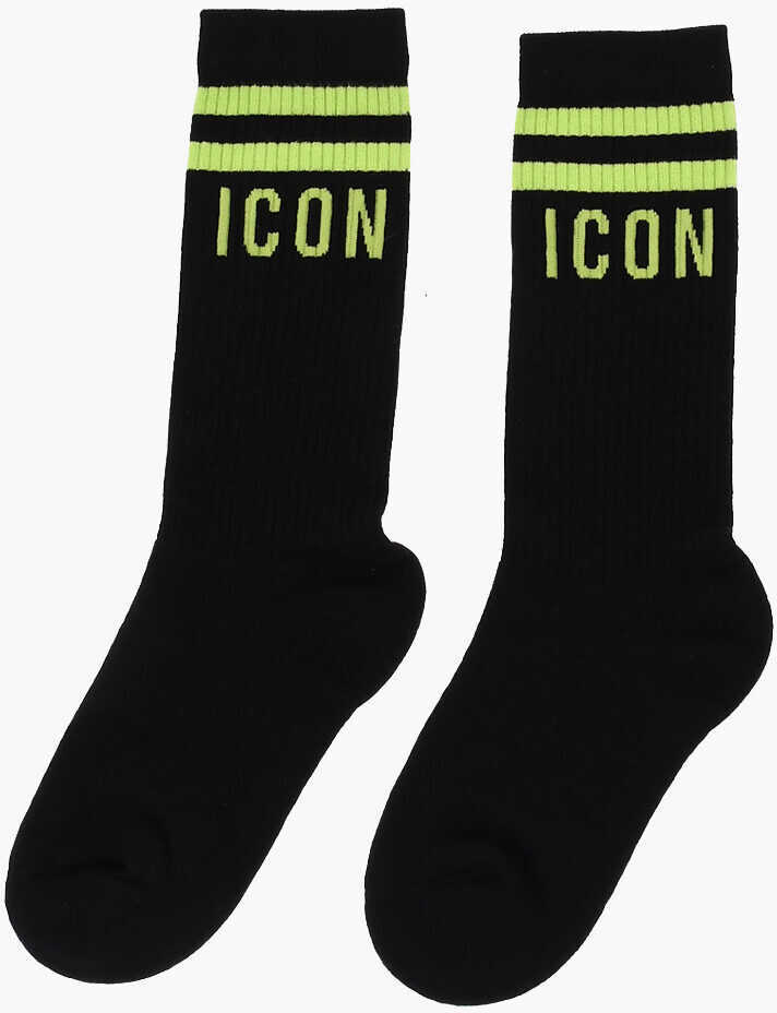 Sosete DSQUARED2 Icon Ribbed Mid-Crew Socks With Contrasting Details Black Barbati (BM 18568231) 3