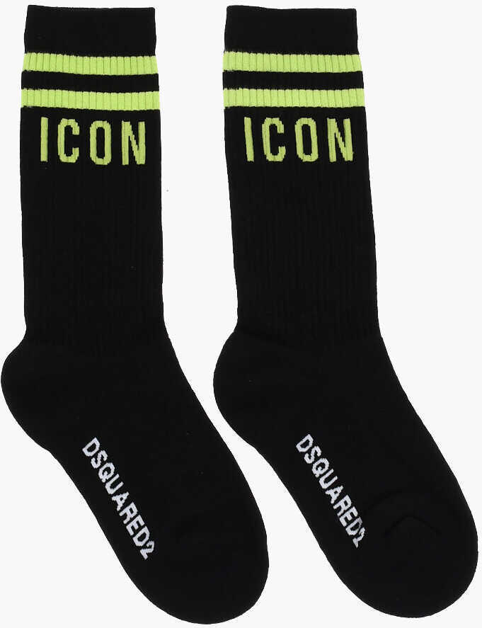 Sosete DSQUARED2 Icon Ribbed Mid-Crew Socks With Contrasting Details Black Barbati (BM 18568231) 1