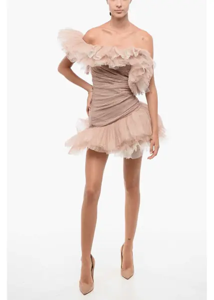 Rochii scurte Elisabetta Franchi One-Shoulder Tulle Minidress With Ruffled Details Pink Femei (BM 18570442) 1