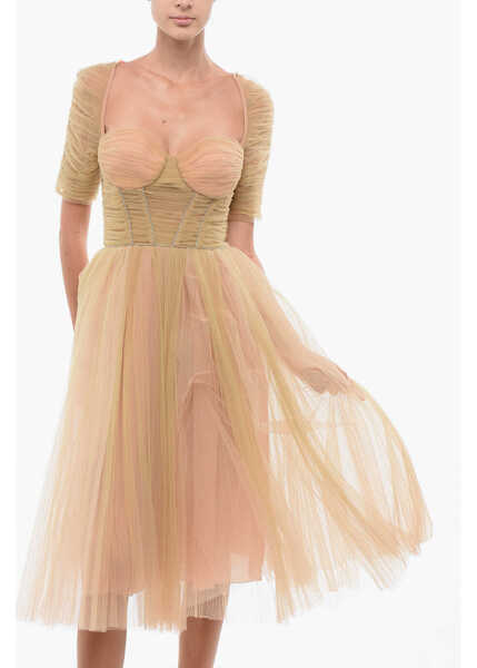 Rochii lungi Elisabetta Franchi Tulle Flared Dress With Back Zip Beige Femei (BM 18570445) 4