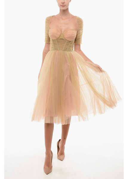 Rochii lungi Elisabetta Franchi Tulle Flared Dress With Back Zip Beige Femei (BM 18570445) 1