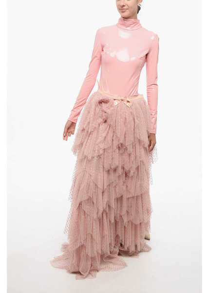 Fuste lungi Elisabetta Franchi Tulle Flounced Maxi Skirt With Polka Dot Pattern Pink Femei (BM 18577813) 4