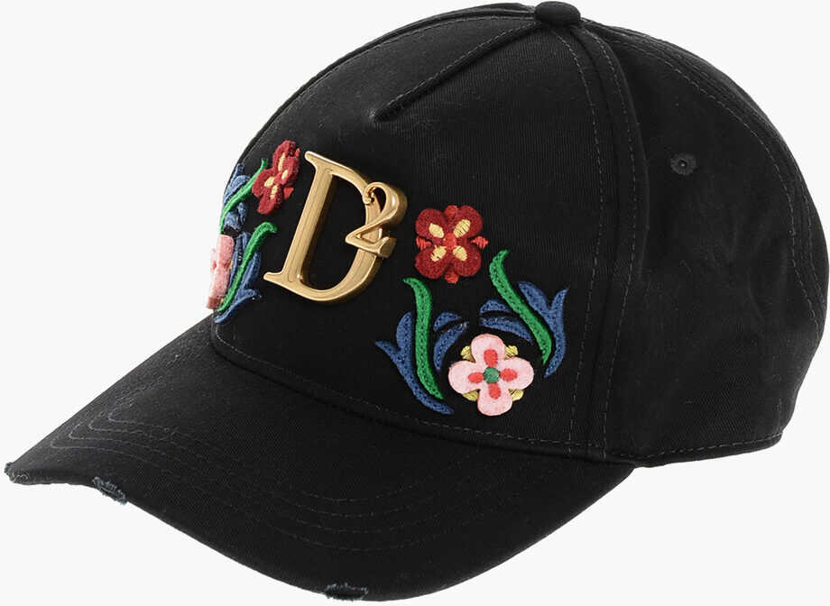 Caciuli DSQUARED2 Embroidered Flower Power Cap With Golden Metal Monogram Black Femei (BM 18577846) 1