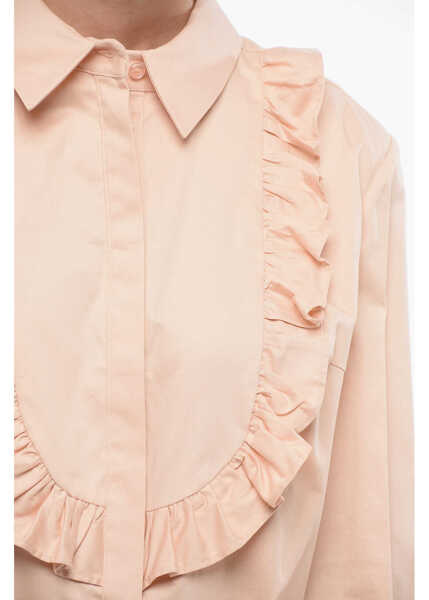 Camasi casual Elisabetta Franchi Cotton Blend Tuxedo Shirt With Ruffle Detail Pink Femei (BM 18577936) 3