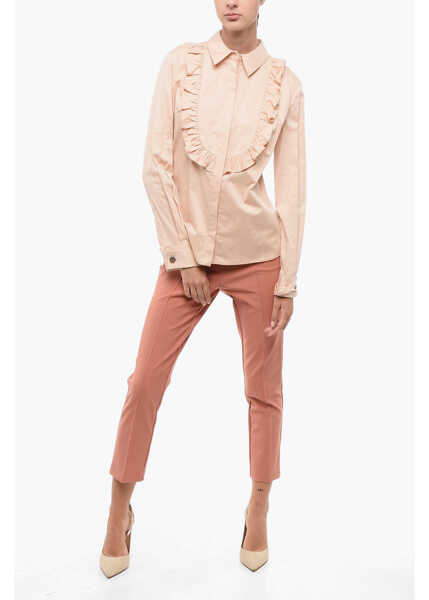 Camasi casual Elisabetta Franchi Cotton Blend Tuxedo Shirt With Ruffle Detail Pink Femei (BM 18577936) 4