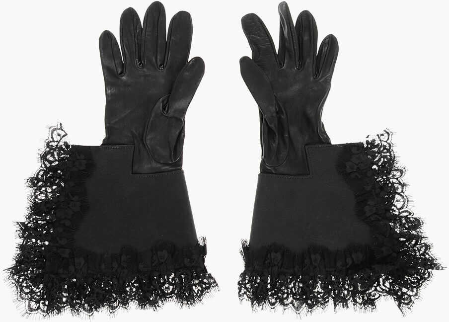 Manusi DSQUARED2 Solid Color Leather Gloves With Lace Edge Black Femei (BM 18577990) 3