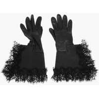 Manusi Solid Color Leather Gloves With Lace Edge Femei