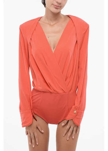Body-uri Elisabetta Franchi Draped Bodysuit With Deep Neckline Orange Femei (BM 18578050) 1