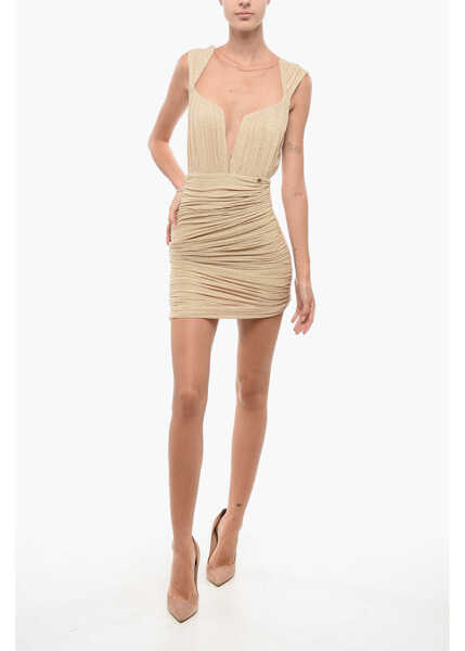 Rochii scurte Elisabetta Franchi Draped Lurex Dress With Mesh Inserts Gold Femei (BM 18578125) 1