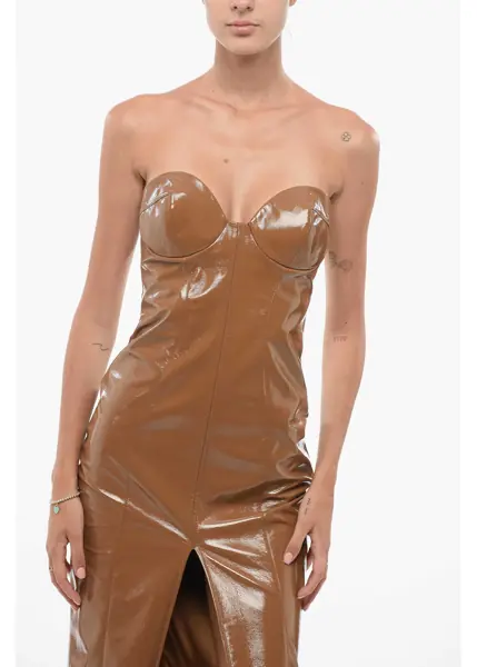 Rochii lungi Elisabetta Franchi Sleeveless Eco-Patent Leather Sheath Dress Brown Femei (BM 18578548) 4