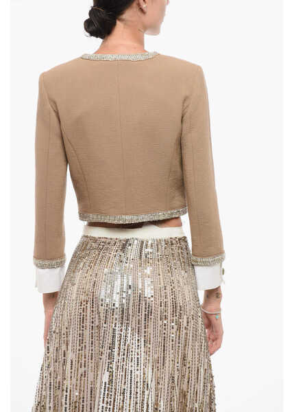 Sacouri Elisabetta Franchi Virgin Wool Crop Blazer With Lurex Hems Brown Femei (BM 18578857) 2