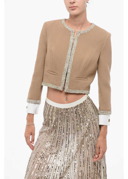 Sacouri Elisabetta Franchi Virgin Wool Crop Blazer With Lurex Hems Brown Femei (BM 18578857) 1