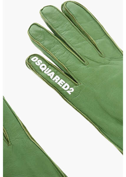 Manusi DSQUARED2 Leather Gloves With Half Zip And Real Fur Inner Green Femei (BM 18578890) 2