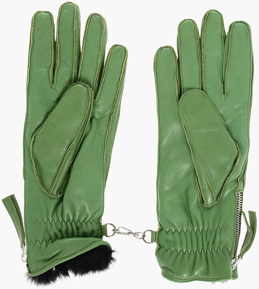 Manusi DSQUARED2 Leather Gloves With Half Zip And Real Fur Inner Green Femei (BM 18578890) 3