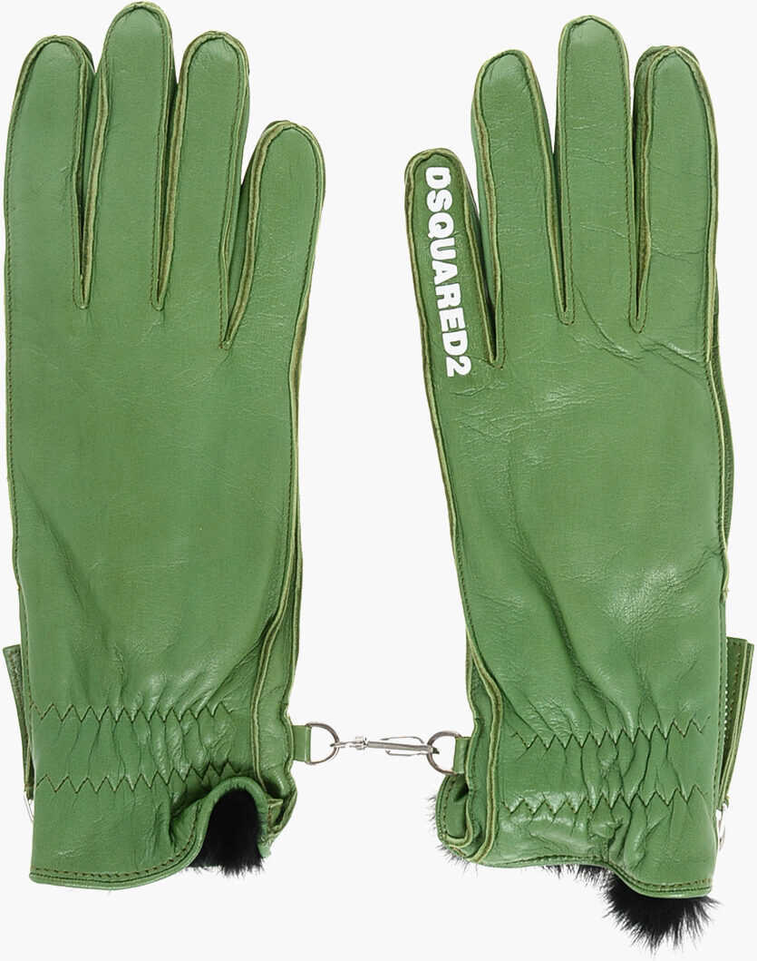 Manusi DSQUARED2 Leather Gloves With Half Zip And Real Fur Inner Green Femei (BM 18578890) 1