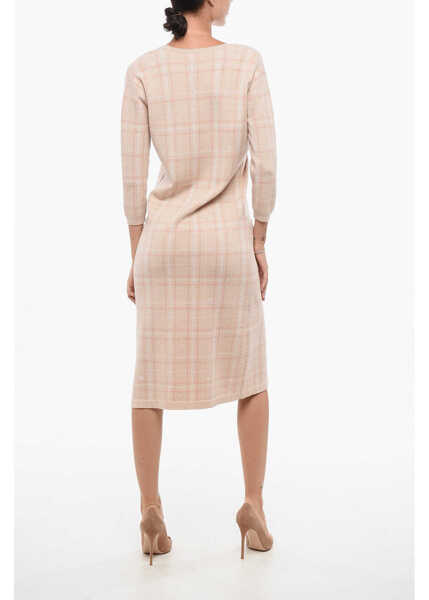 Rochii lungi Elisabetta Franchi Tartan Knitted Sheath Dress With Front Buttoning Pink Femei (BM 18579787) 2
