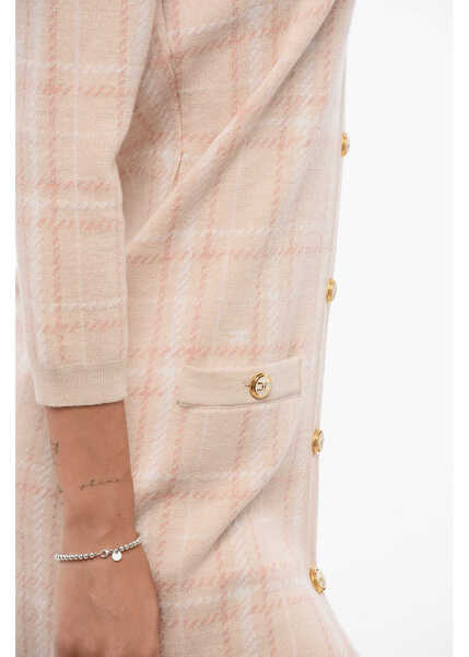 Rochii lungi Elisabetta Franchi Tartan Knitted Sheath Dress With Front Buttoning Pink Femei (BM 18579787) 3