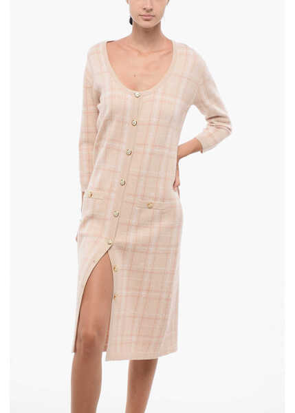 Rochii lungi Elisabetta Franchi Tartan Knitted Sheath Dress With Front Buttoning Pink Femei (BM 18579787) 4