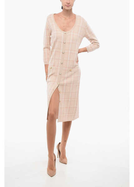 Rochii lungi Elisabetta Franchi Tartan Knitted Sheath Dress With Front Buttoning Pink Femei (BM 18579787) 1
