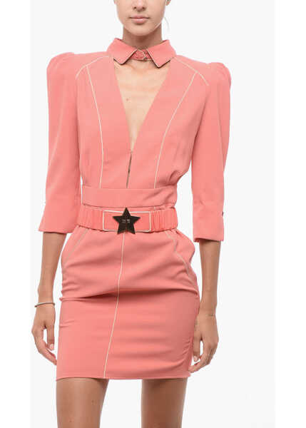 Rochii lungi Elisabetta Franchi Belted Low-Cut Dress With Padded Shoulders Pink Femei (BM 18579853) 4
