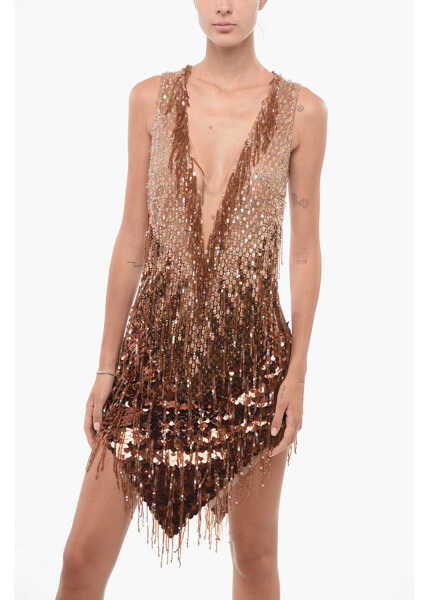 Rochii lungi Elisabetta Franchi Sleeveless Sequin Dress With V-Neck Gold Femei (BM 18598909) 4