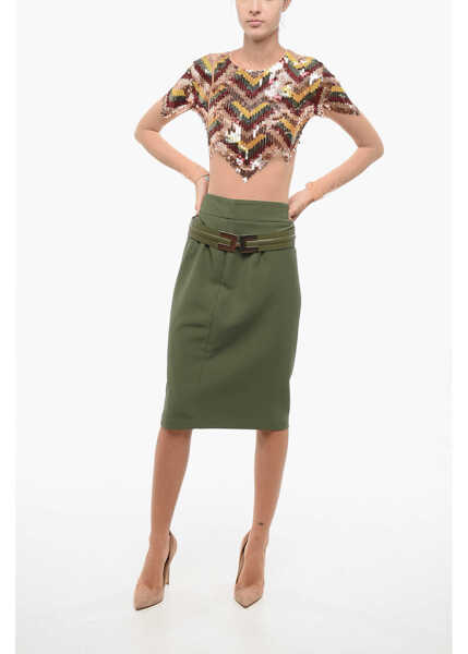 Fuste lungi Elisabetta Franchi Back Split Longuette With Logoed Belt Military Green Femei (BM 18598966) 4