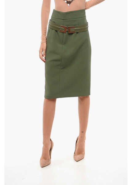 Fuste lungi Elisabetta Franchi Back Split Longuette With Logoed Belt Military Green Femei (BM 18598966) 1
