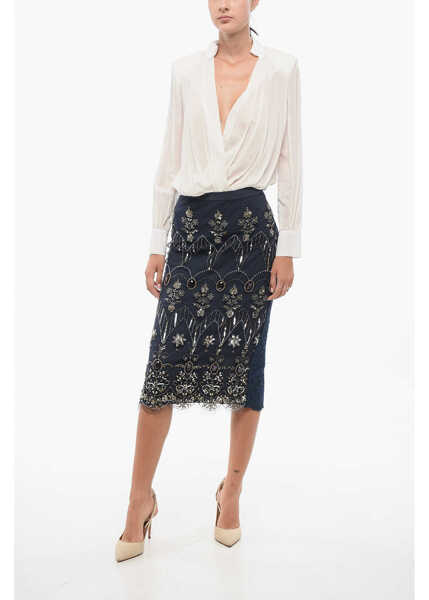 Fuste lungi Elisabetta Franchi Lace Longuette With Embroidery And Rhinestones Blue Femei (BM 18605404) 4