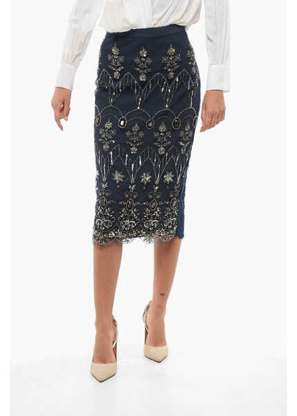 Fuste lungi Elisabetta Franchi Lace Longuette With Embroidery And Rhinestones Blue Femei (BM 18605404) 1