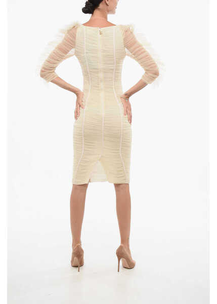 Rochii lungi Elisabetta Franchi Draped Tulle Sheath Dress With 3/4 Sleeves White Femei (BM 18605500) 2