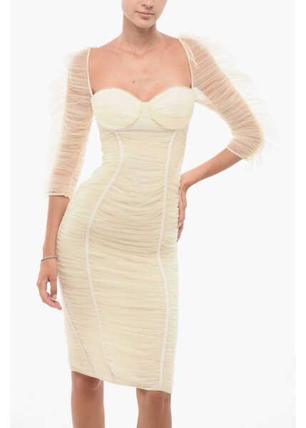Rochii lungi Elisabetta Franchi Draped Tulle Sheath Dress With 3/4 Sleeves White Femei (BM 18605500) 4